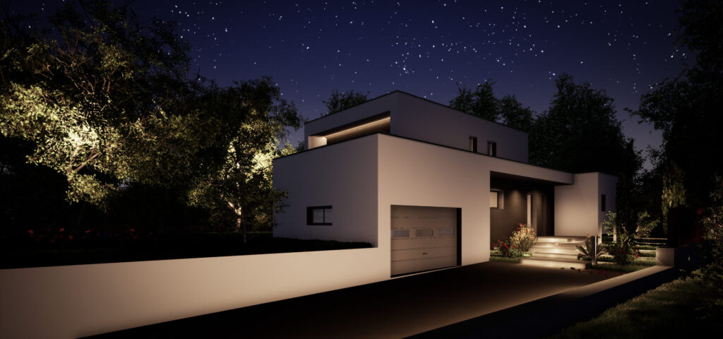 Maison moderne éclairée la nuit sous un ciel étoilé.
